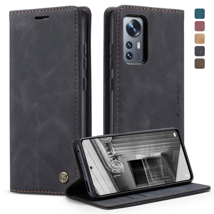 Leather flip phone case with card slot and kickstand, dark gray with red stitching