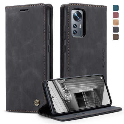 Leather flip phone case with card slot and kickstand, dark gray with red stitching