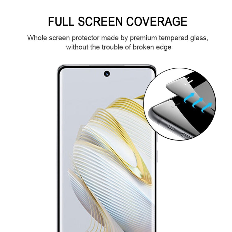 Full-screen tempered glass protector on smartphone display with edge-protection detail