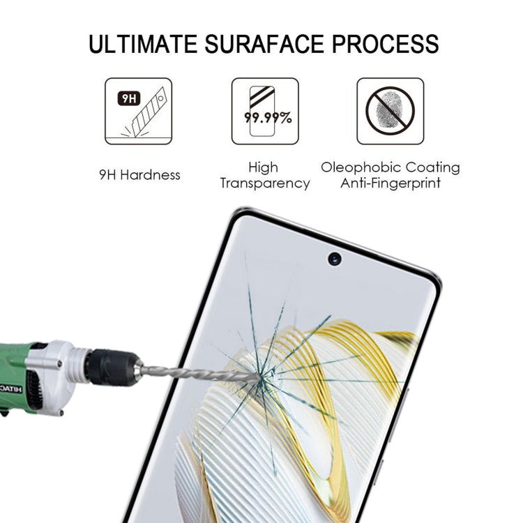 Tempered glass screen protector on phone screen with 9H hardness and anti-fingerprint icons