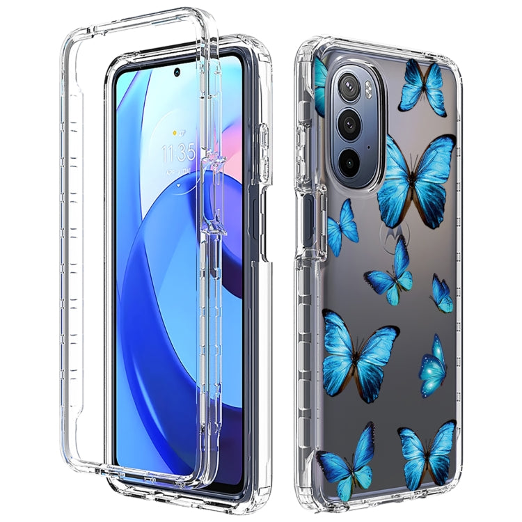 Transparent phone case with blue butterfly painted design and camera cutouts.