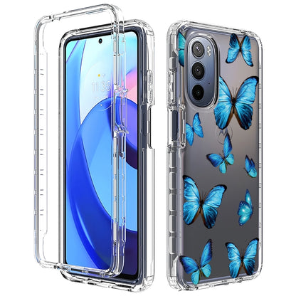 Transparent phone case with blue butterfly painted design and camera cutouts.