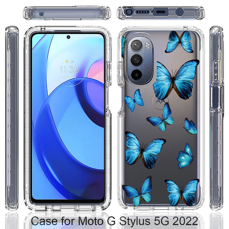 Clear phone case with blue butterfly print, side button and port openings.