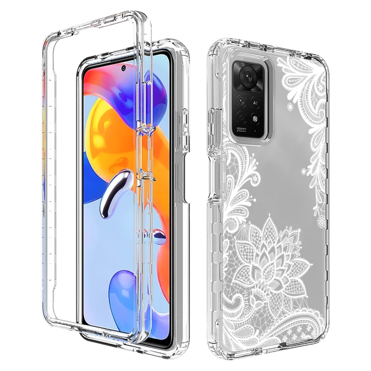 Transparent phone case with white floral lace pattern, clear front and back covers