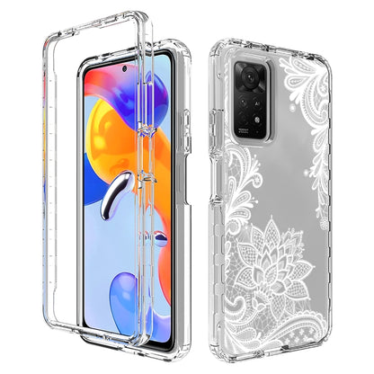 Transparent phone case with white floral lace pattern, clear front and back covers