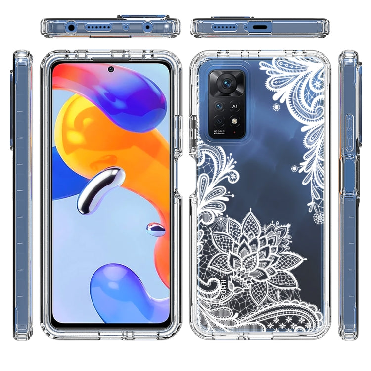 Transparent bumper phone case with white floral design, side and back openings visible
