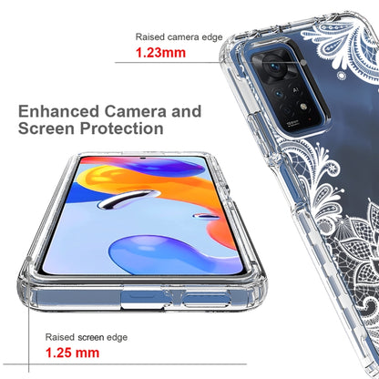 Transparent phone case with raised camera and screen edges, white floral design on back