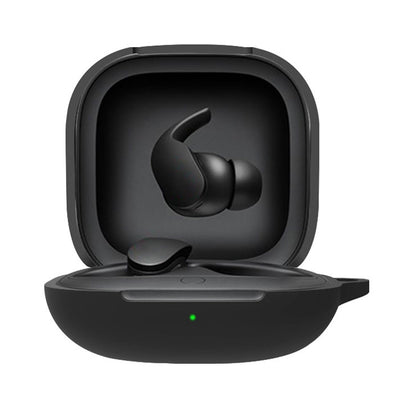 Black silicone protective case for wireless earphones, open with black earbuds inside