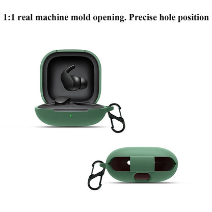 Green silicone earphone case with precise cutouts, open and closed views shown
