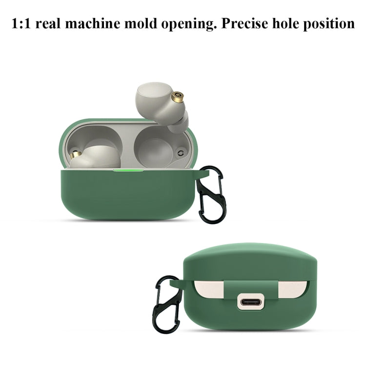 Green silicone earbud protective case with metal-ring carabiner, open for charging buds
