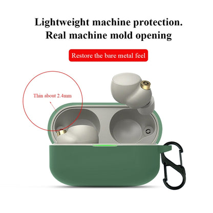 Green silicone earbud protective case with front cutout and charging port, with carabiner