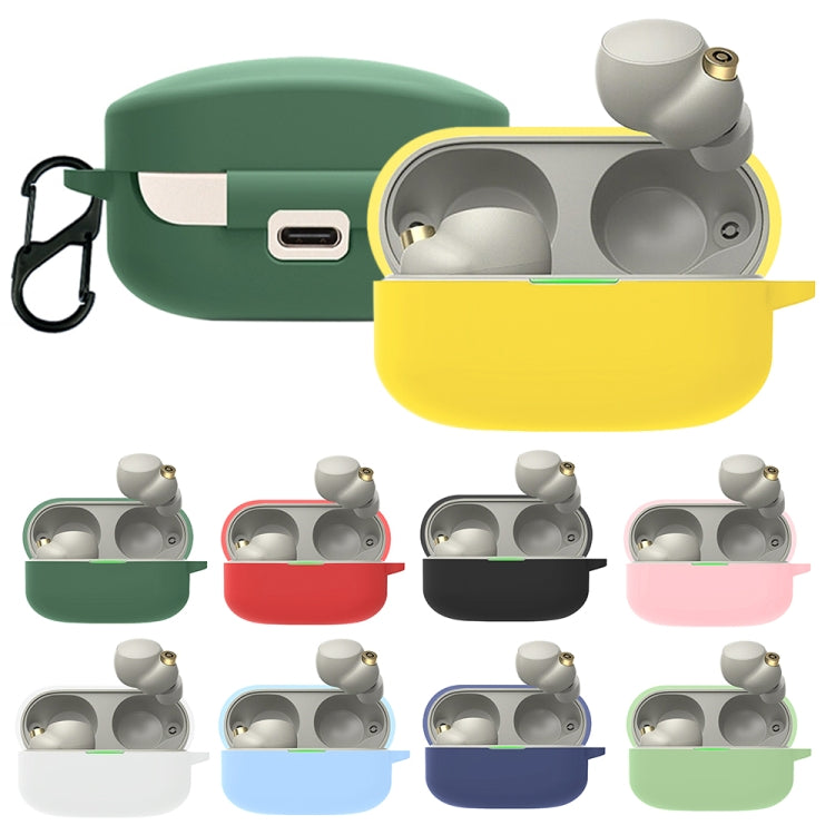 Silicone earbud protective cases in multiple colors, shown with earbuds and carabiner