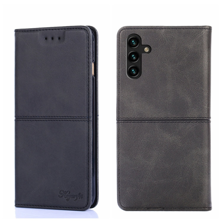 Magnetic flip phone case in black leather texture, with card slot and camera cutout