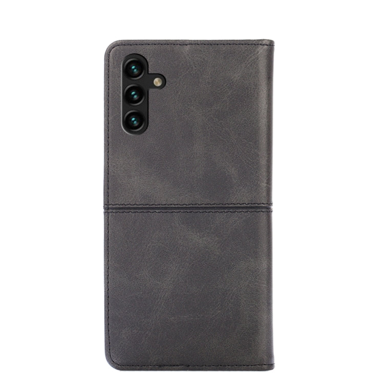Magnetic flip phone case in dark gray leather texture, with camera cutout on back