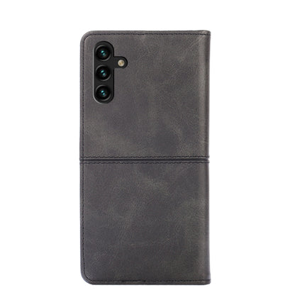 Magnetic flip phone case in dark gray leather texture, with camera cutout on back