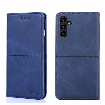 Magnetic flip phone case in blue leather texture, with card slot and camera cutout