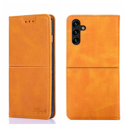 Magnetic flip phone case in orange leather texture, with card slot and camera cutout