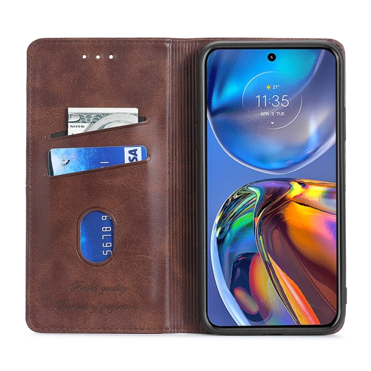 Brown magnetic flip phone case with card slot window and open-screen view