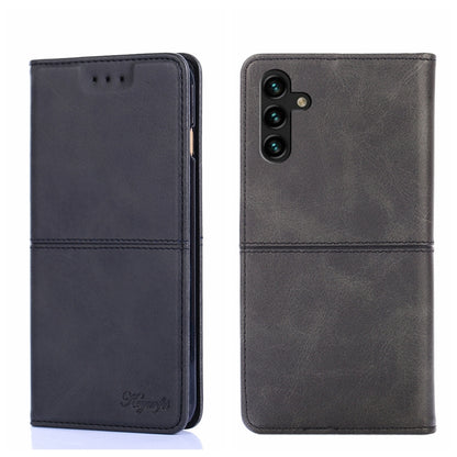 Magnetic flip phone case in black leather texture, front flap and rear camera opening