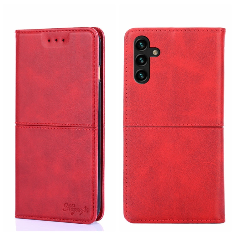 Magnetic flip phone case in red leather texture, front flap with card slot and camera cutout