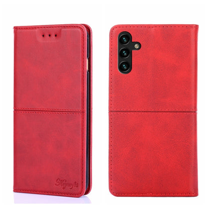 Magnetic flip phone case in red leather texture, front flap with card slot and camera cutout