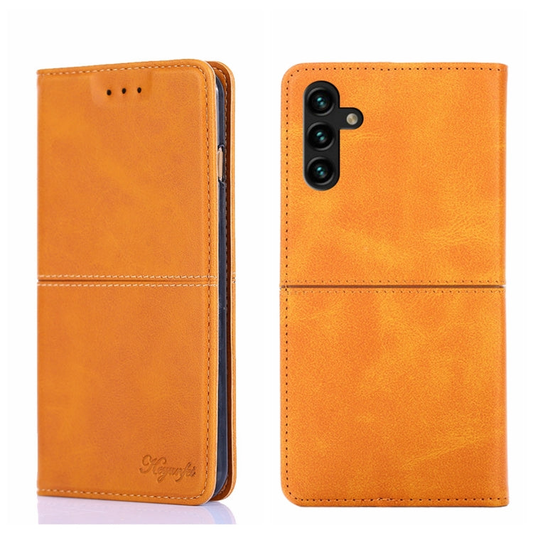 Magnetic flip leather phone case with camera cutout, light brown/orange