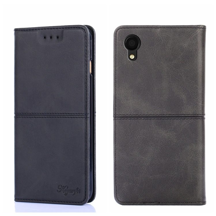 Black cow-texture magnetic flip leather phone case, front and back with camera cutouts.