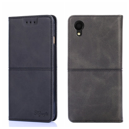 Black cow-texture magnetic flip leather phone case, front and back with camera cutouts.