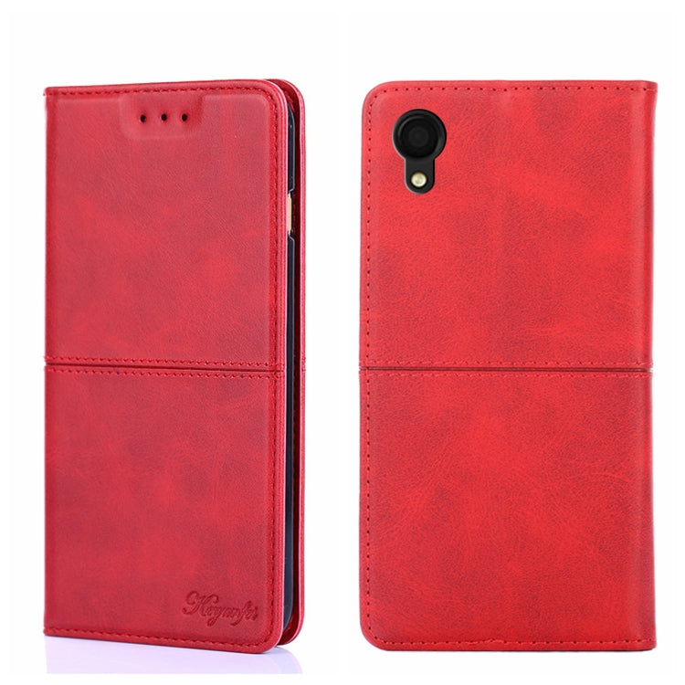 Red cow-texture magnetic flip leather phone case, front and back with camera cutouts.
