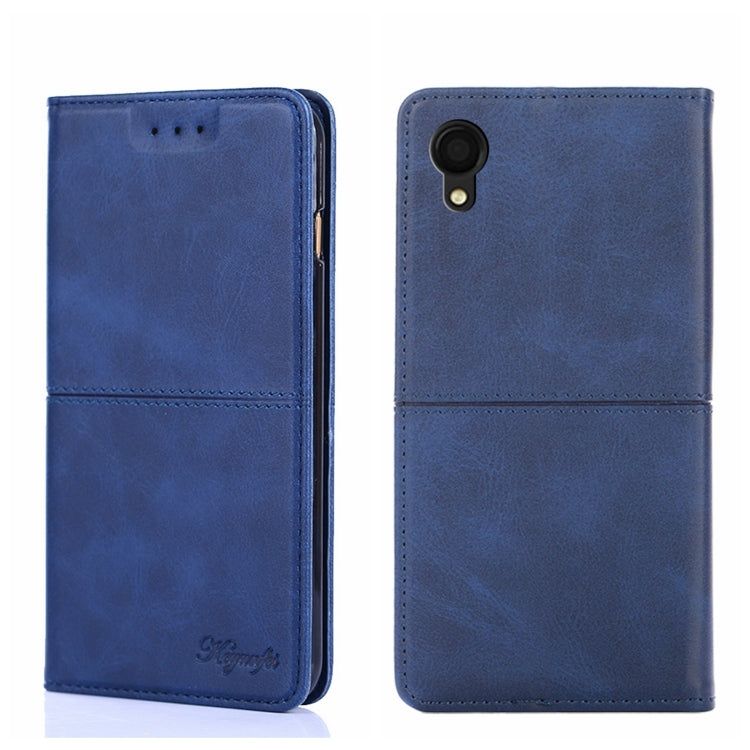 Blue cow-texture magnetic flip leather phone case, front and back with camera cutouts.