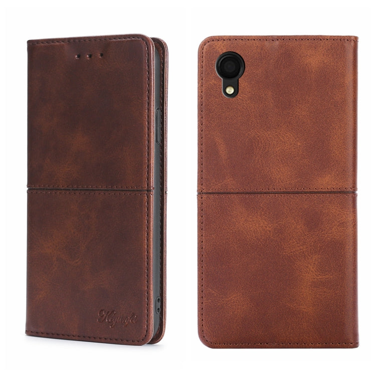 Brown cow-texture magnetic flip leather phone case, back view with camera opening and stitching.