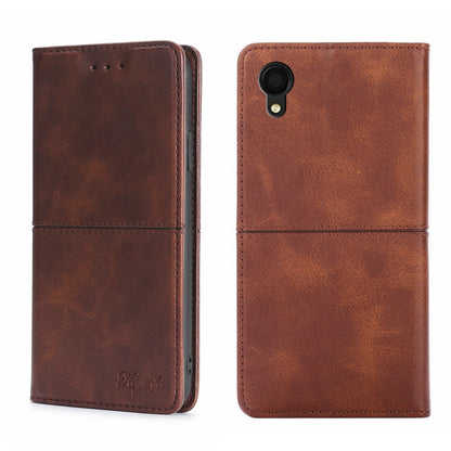 Brown cow-texture magnetic flip leather phone case, back view with camera opening and stitching.