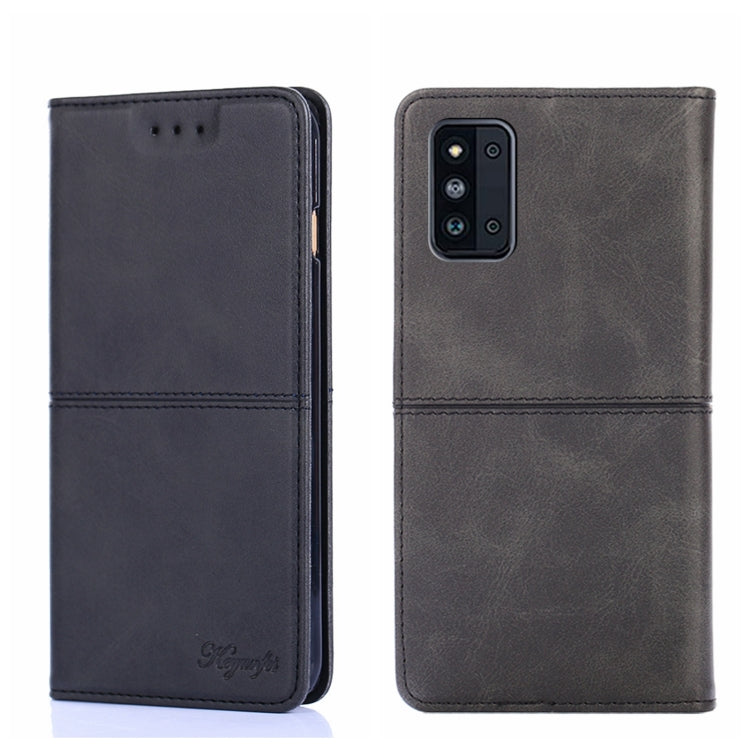 Black cow-texture magnetic flip leather phone case, front and back with multi-camera cutout.