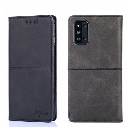 Black cow-texture magnetic flip leather phone case, front and back with multi-camera cutout.