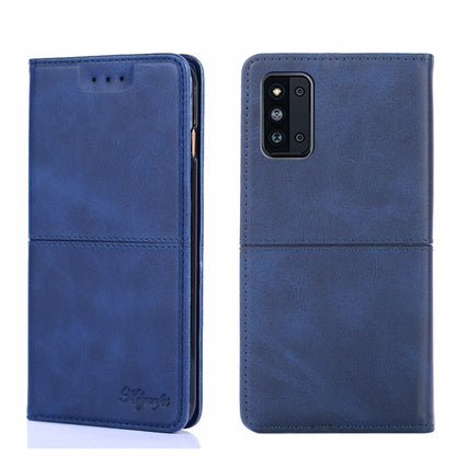 Blue cow-texture magnetic flip leather phone case, front and back with multi-camera cutout.