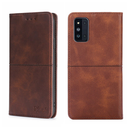 Dark brown leather-texture flip phone case with magnetic closure and camera cutout