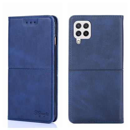 Blue leather-texture flip phone case with magnetic closure and camera opening