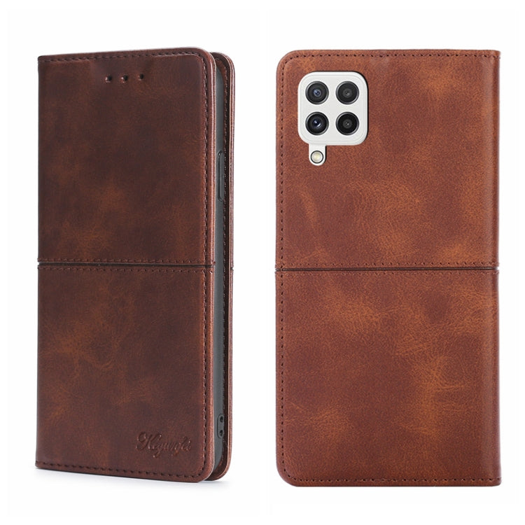 Brown leather-texture flip phone case with magnetic closure and camera opening