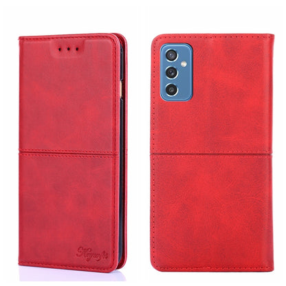 Red leather-texture flip phone case with magnetic closure and camera cutouts