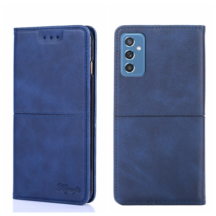 Blue leather-texture flip phone case with magnetic closure and back camera opening