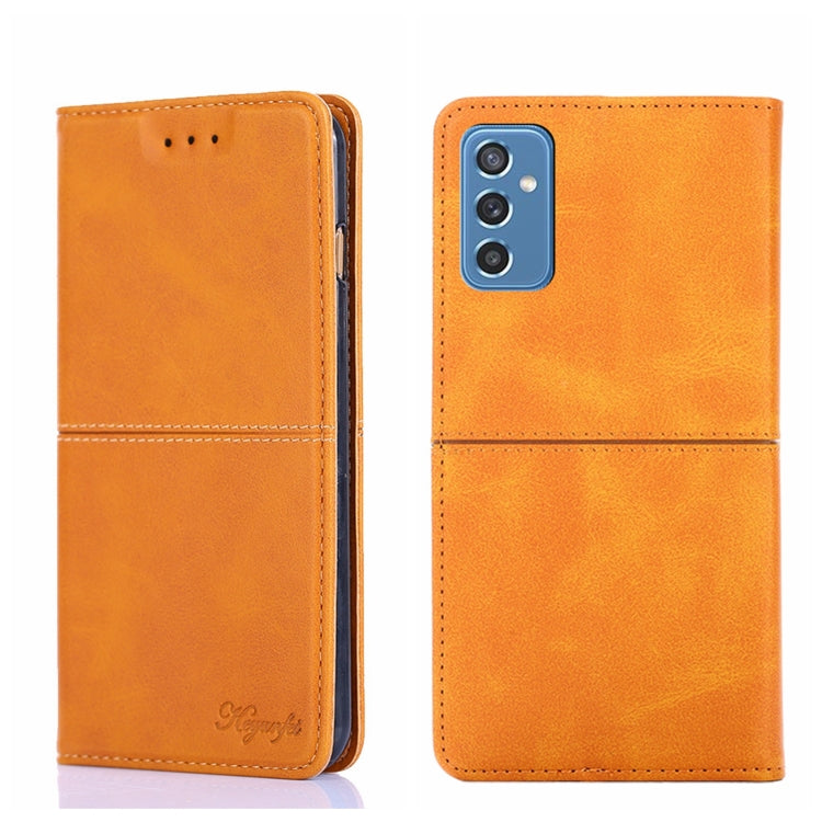 Light brown leather flip phone case with magnetic closure, textured finish, camera cutout