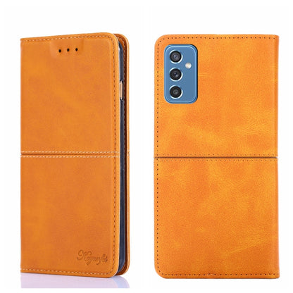 Light brown leather flip phone case with magnetic closure, textured finish, camera cutout