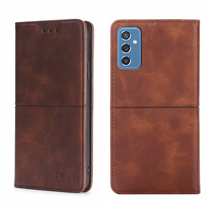 Dark brown leather flip phone case with magnetic closure, textured finish, camera cutout