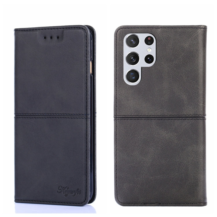 Dark gray leather flip phone case with magnetic closure, textured finish, camera cutout