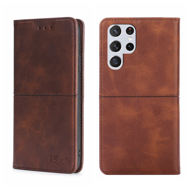 Cow-texture magnetic flip phone case in dark brown, with camera cutout and inner card slot