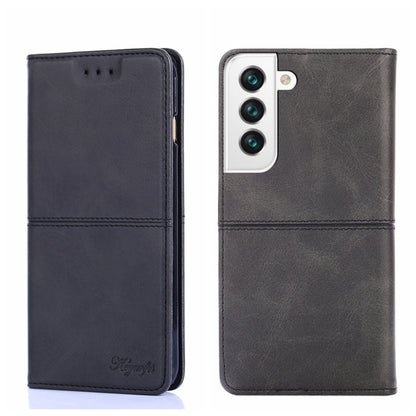 Cow-texture magnetic flip phone case in dark gray, with camera cutout and side access opening