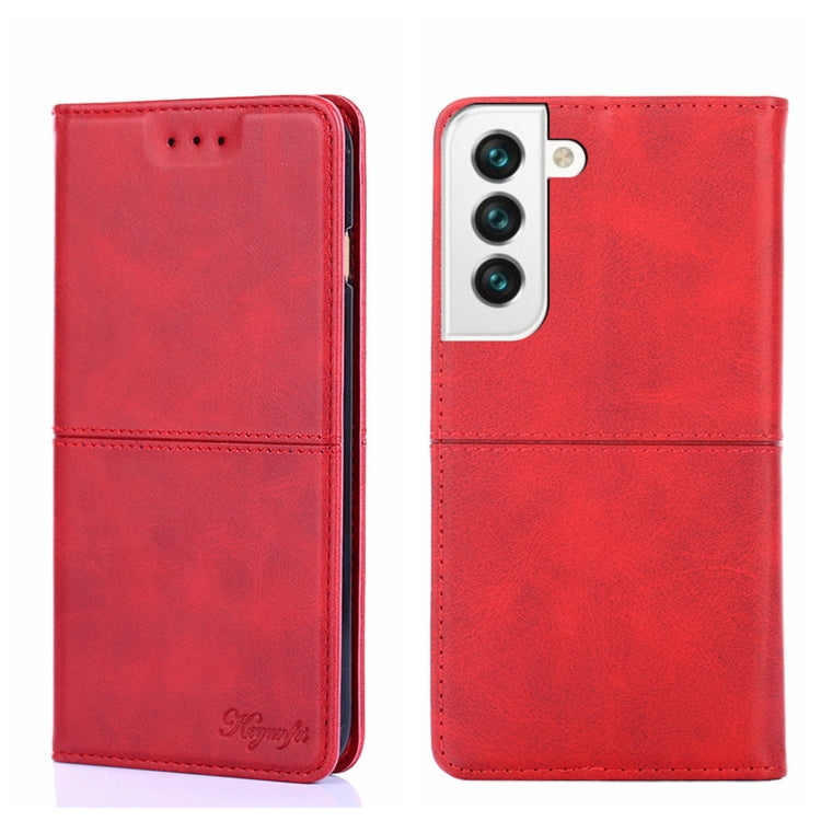 Cow-texture magnetic flip phone case in red, with camera cutout and stitched edge seam