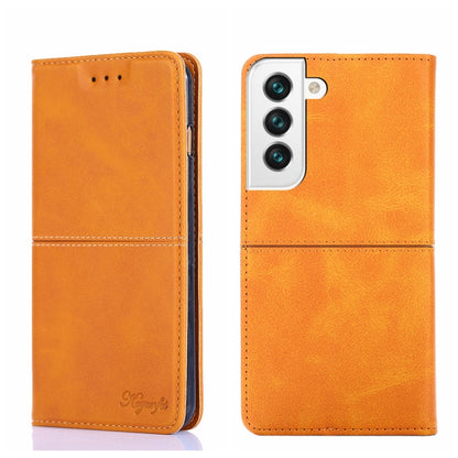 Cow-texture magnetic flip phone case in light brown, showing front cover and back camera panel