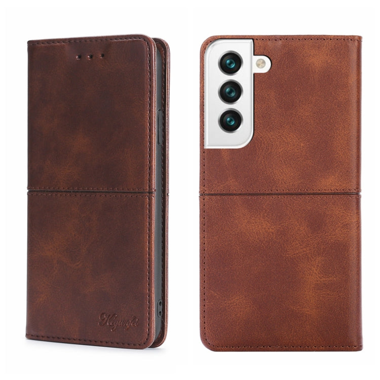 Cow-texture magnetic flip phone case in dark brown, showing front cover and back camera panel