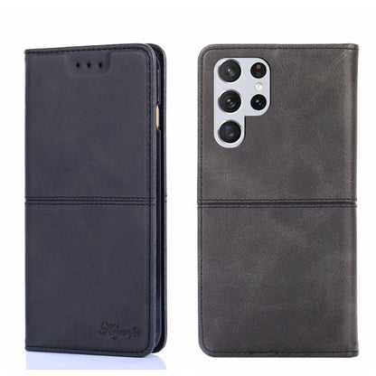 Magnetic flip phone case in black cow-textured leather, with camera cutout